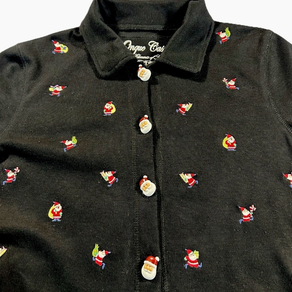 Christmas Santa Button Cardigan Sweater Embroidered Black Onque Casuals Size S